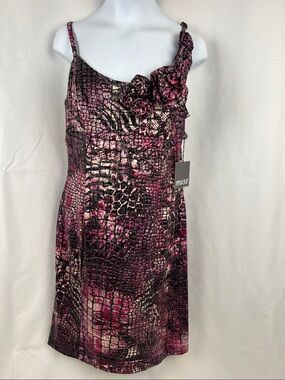 NWT Muse snakeskin print sheath dress ruffle rosette accent on the shoulder Sz 6